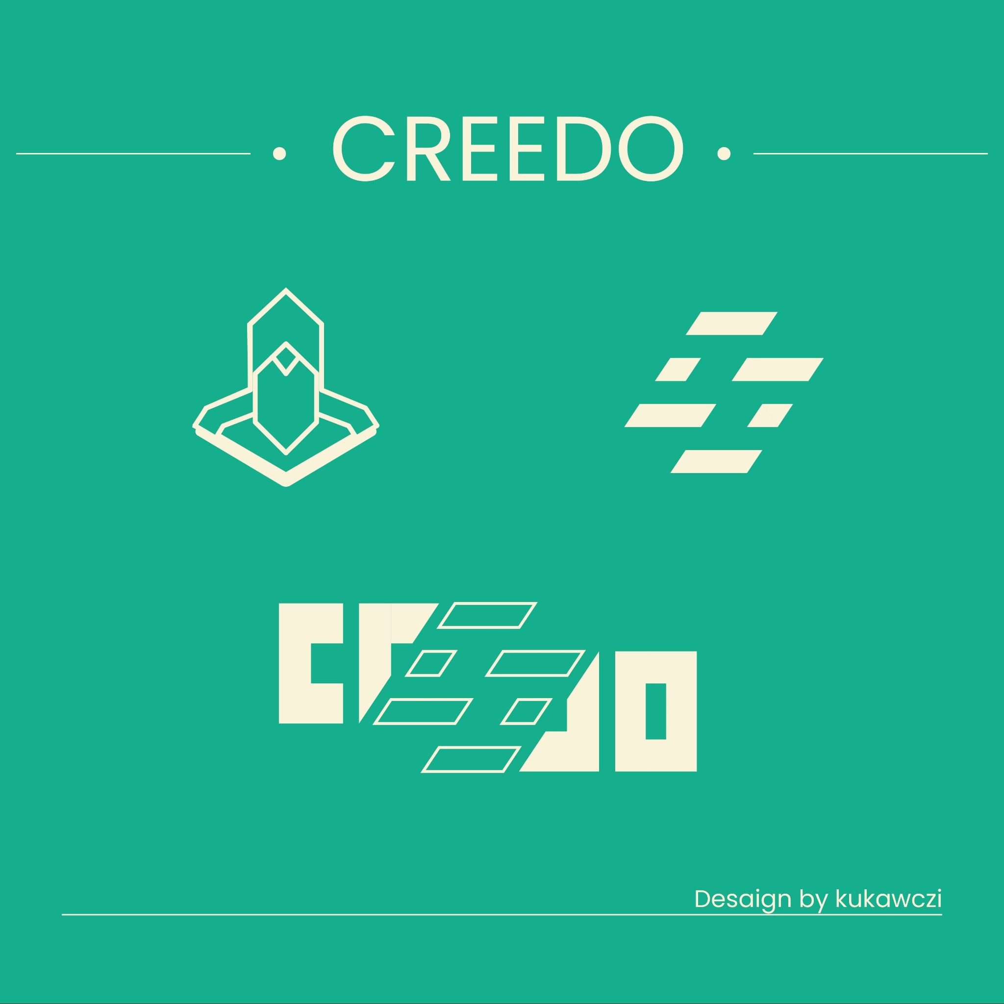 Ilustracja z trzema wariantami logo 'CREEDO' w odcieniach beżu na turkusowym tle. Minimalistyczny design z geometrycznymi kształtami i nazwą firmy. Projekt 'Desaign by kukawczi'.