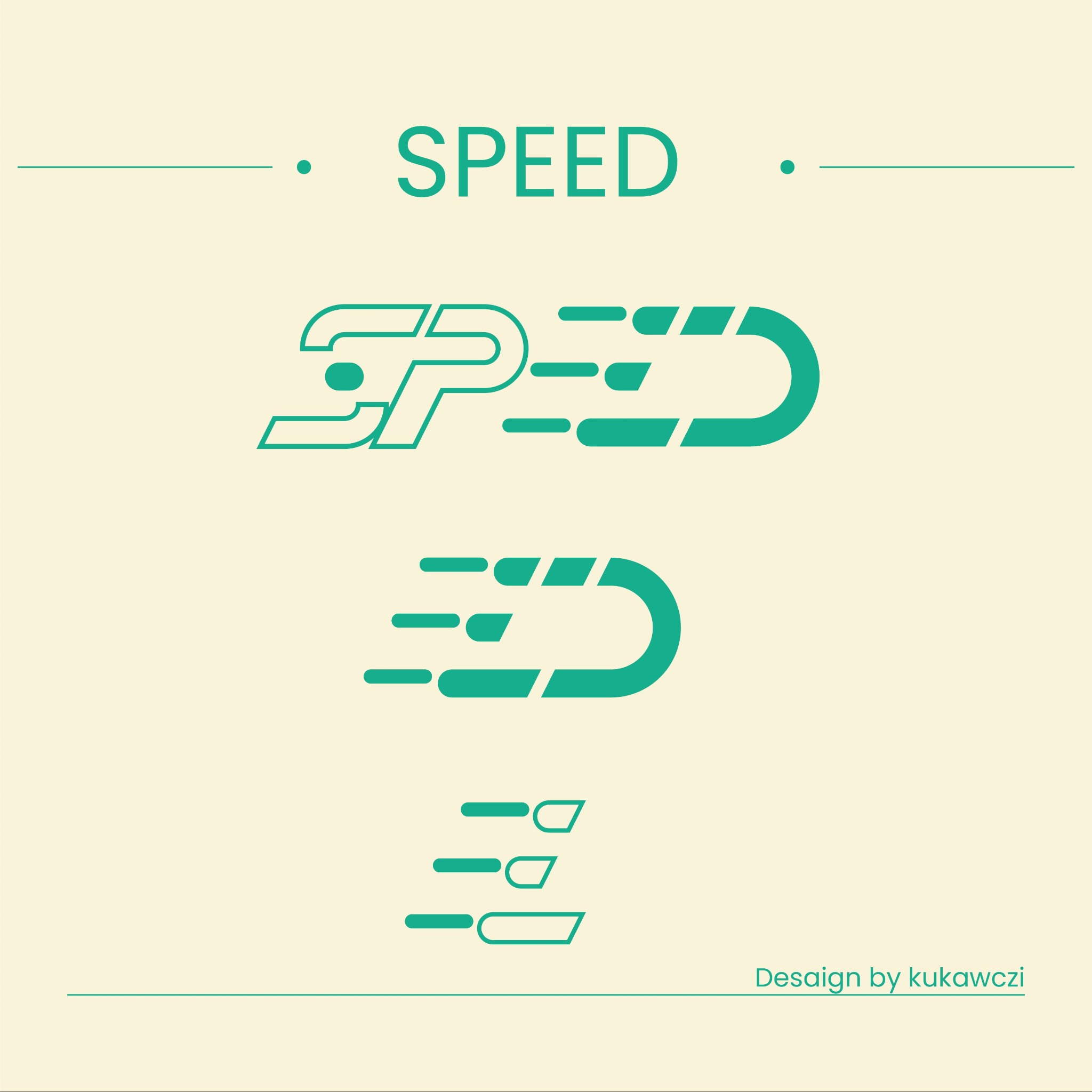 Zielone logo 'SPEED' z motywem prędkości, prezentujące trzy warianty projektu. Minimalistyczny design na kremowym tle, autorstwa 'Desaign by kukawczi'.