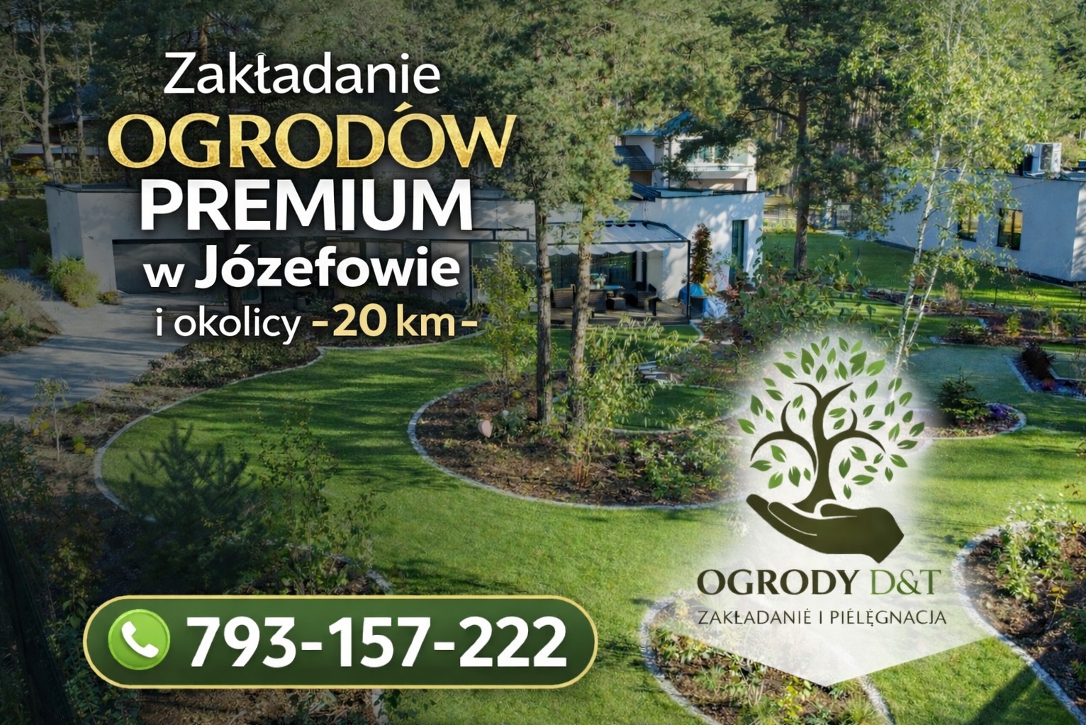 Profesjonalne zakładanie ogrodów premium w Józefowie. Widok na zadbany trawnik, drzewa i nowoczesny dom. Logo firmy ogrodniczej w prawym dolnym rogu.