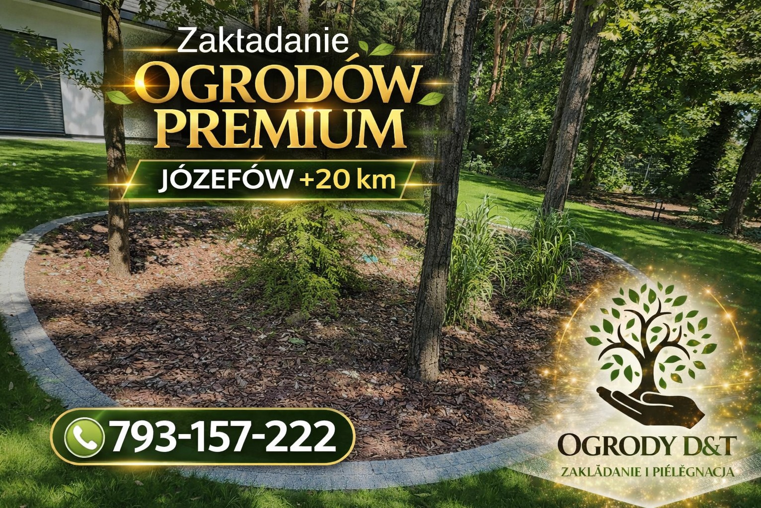 Obszar wokół drzew wyłożony korą i obrzeżem z kostki, świeżo założony trawnik, w tle drzewa. Reklama firmy ogrodniczej z Józefowa.