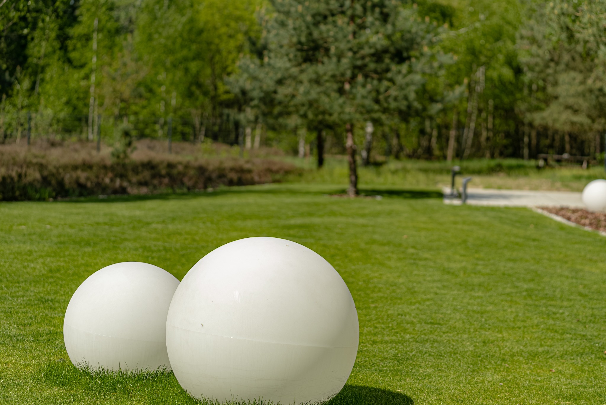 Dwie białe, kuliste lampy ogrodowe na soczystej, zielonej trawie. W tle drzewa i ścieżka. Dekoracja ogrodu w słoneczny dzień.