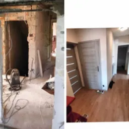 Remont korytarza: widok przed i po. Po lewej surowy stan, po prawej wykończone wnętrze z drewnianą podłogą i szarą stolarką drzwiową. Widoczny odkurzacz.