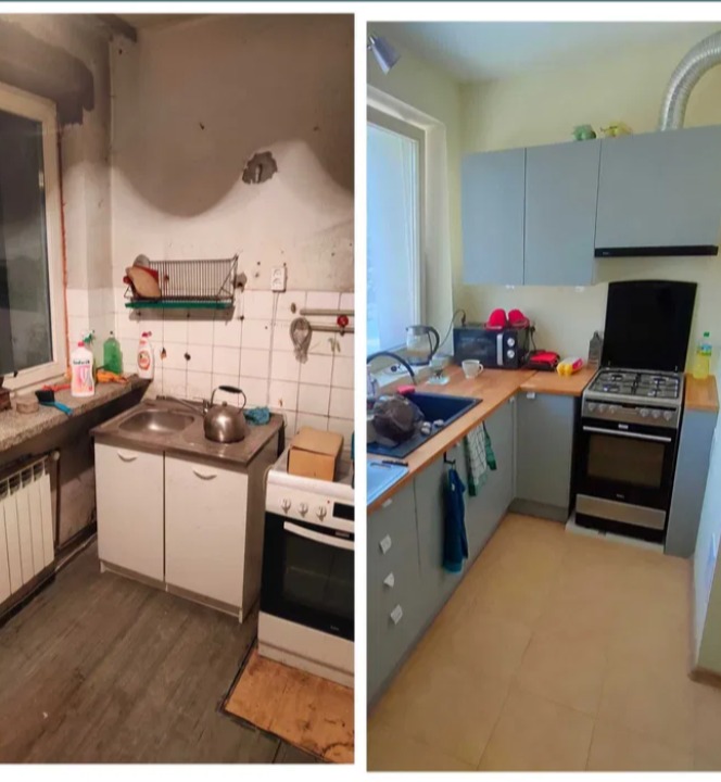 Kuchnia przed i po remoncie w Mińsku Mazowieckim. Widoczne zmiany w zabudowie, wykończeniu ścian i podłóg. Nowoczesny wygląd po modernizacji.