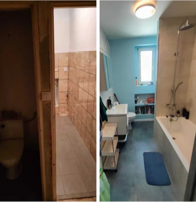 Zdjęcie 'przed i po' prezentujące metamorfozę łazienki: od ciemnego wnętrza z beżowymi płytkami do jasnej, niebieskiej łazienki z nowoczesną armaturą i wanną.