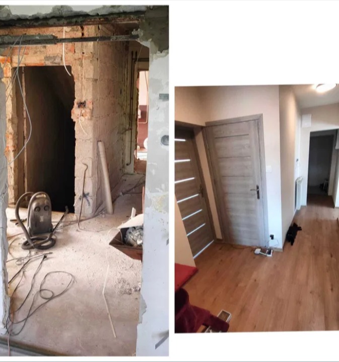 Zdjęcie 'przed i po' prezentujące wnętrze mieszkania w trakcie i po remoncie. Lewa strona ukazuje surowy stan, a prawa odnowione wnętrze z drzwiami i podłogą.