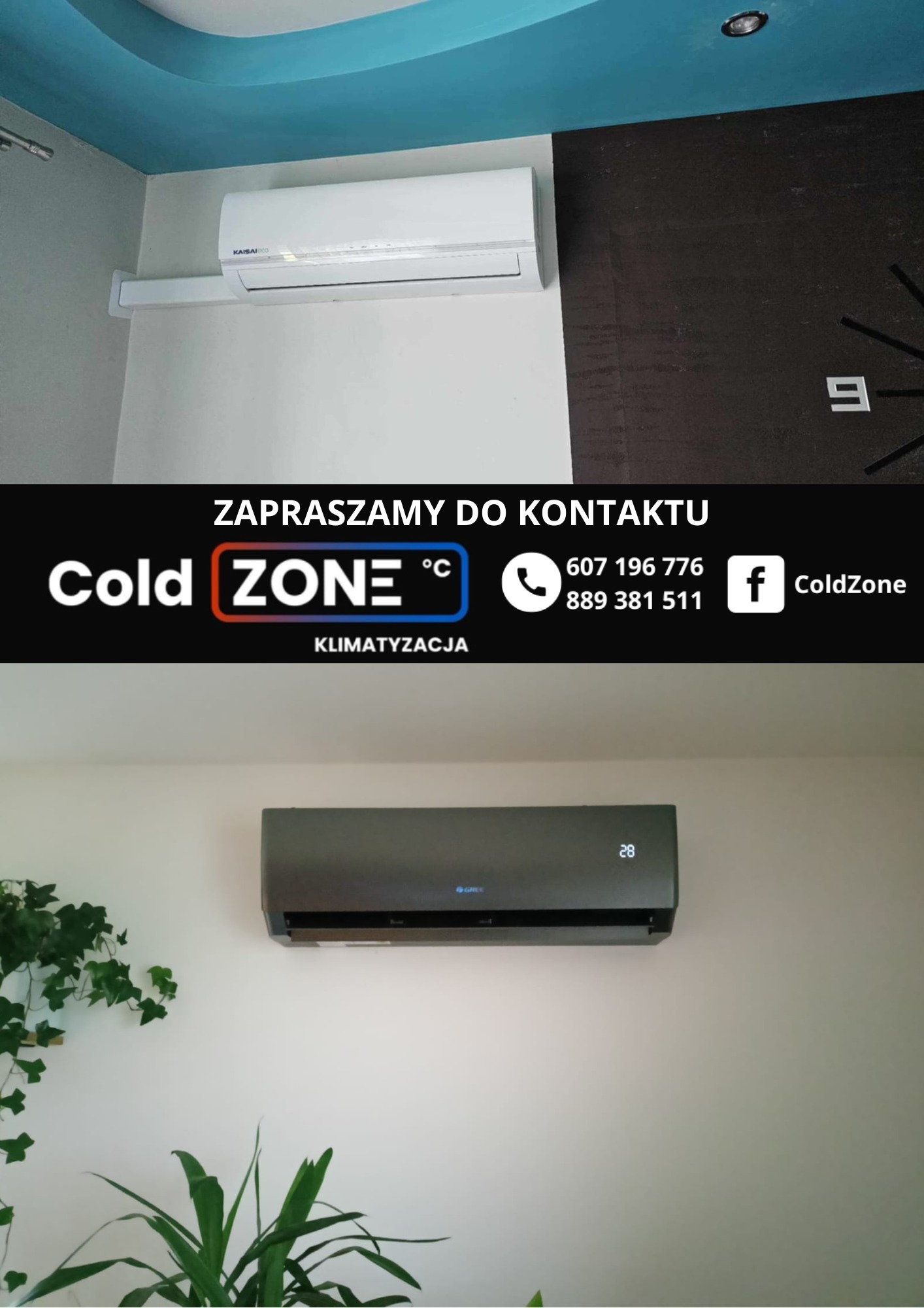 Dwa klimatyzatory: biały Kaisaico i szary Gree, zamontowane na ścianach w różnych pomieszczeniach. Na środku grafika firmy Cold Zone z danymi kontaktowymi.