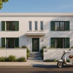 Dwukondygnacyjny dom z białymi ścianami i zielonymi okiennicami, numer 33 na murze, skuter na chodniku, drzewa w tle.