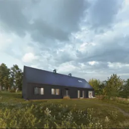 Wizualizacja domu jednorodzinnego z czarną, skośną dachówką, otoczonego zielenią i polnymi kwiatami. Uwagę zwraca minimalistyczna bryła budynku i naturalne otoczenie.