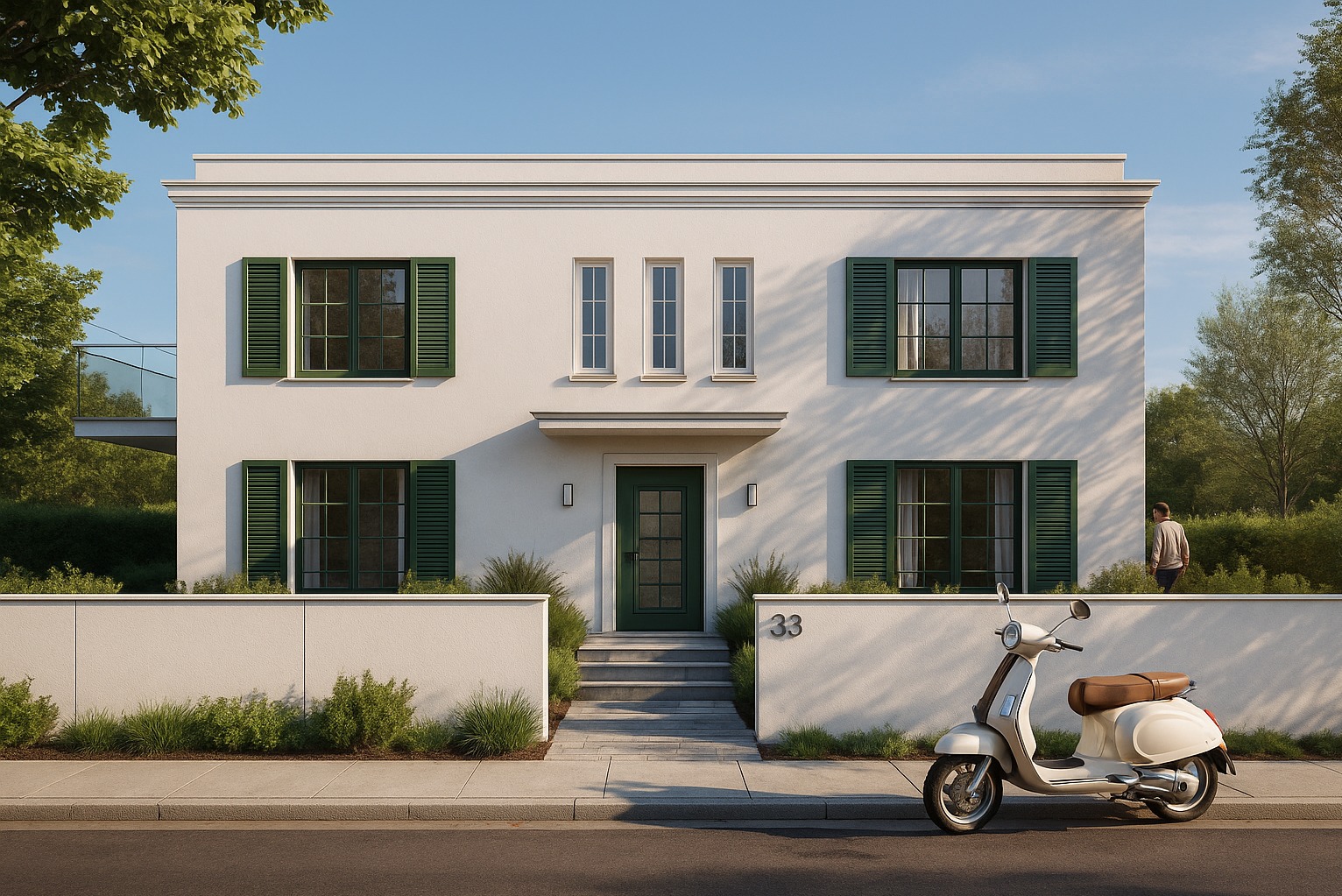 Dwukondygnacyjny dom z białymi ścianami i zielonymi okiennicami, numer 33 na murze, skuter na chodniku, drzewa w tle.
