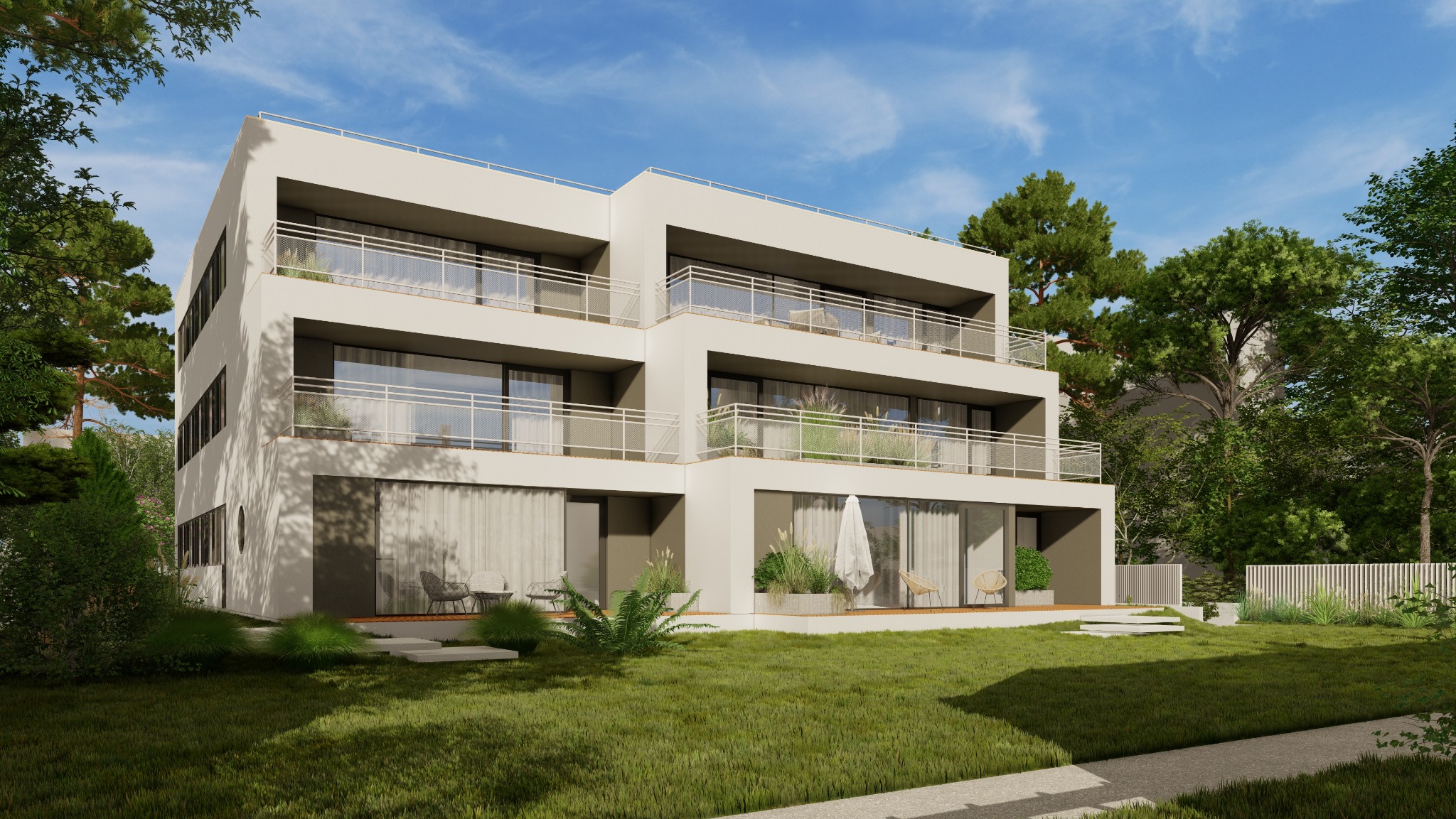 Wizualizacja nowoczesnego, trzypiętrowego budynku apartamentowego z balkonami, otoczonego zielenią i błękitnym niebem. Minimalistyczna architektura, jasne kolory.