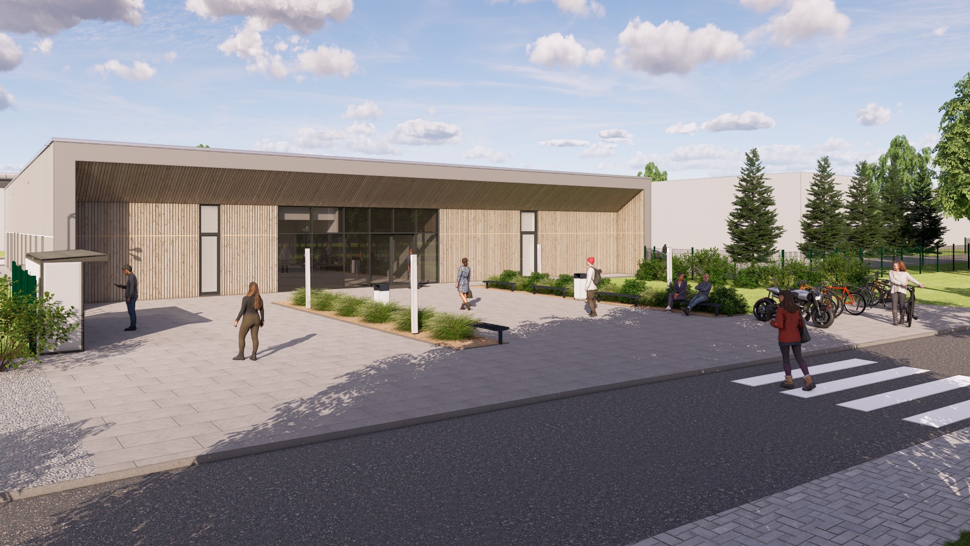 Wizualizacja budynku usługowego z drewnianą elewacją i dużymi oknami, otoczonego zielenią i elementami małej architektury. Widoczne osoby i rowery.