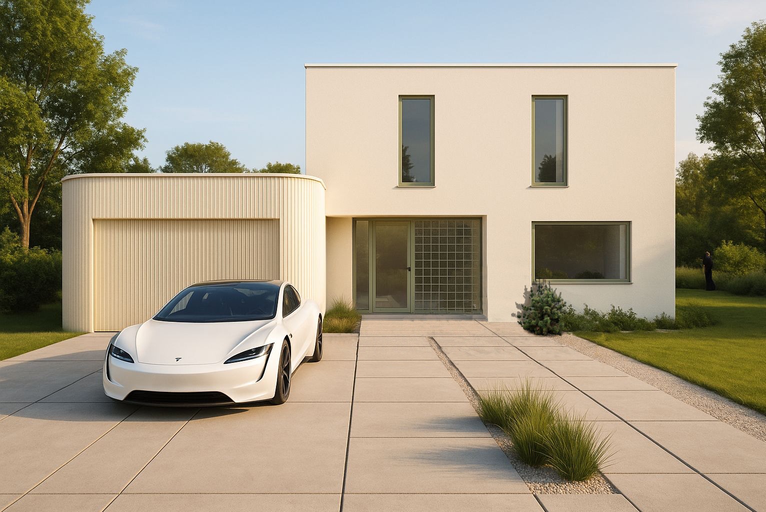 Nowoczesny dom z garażem o zaokrąglonym kształcie i białym samochodem elektrycznym na podjeździe. Minimalistyczna architektura z dużymi oknami i zadbanym otoczeniem.