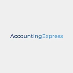 Logo firmy Accounting Express w odcieniach niebieskiego na jasnoszarym tle. Nazwa firmy zapisana nowoczesną czcionką, z symbolem równości jako elementem graficznym.