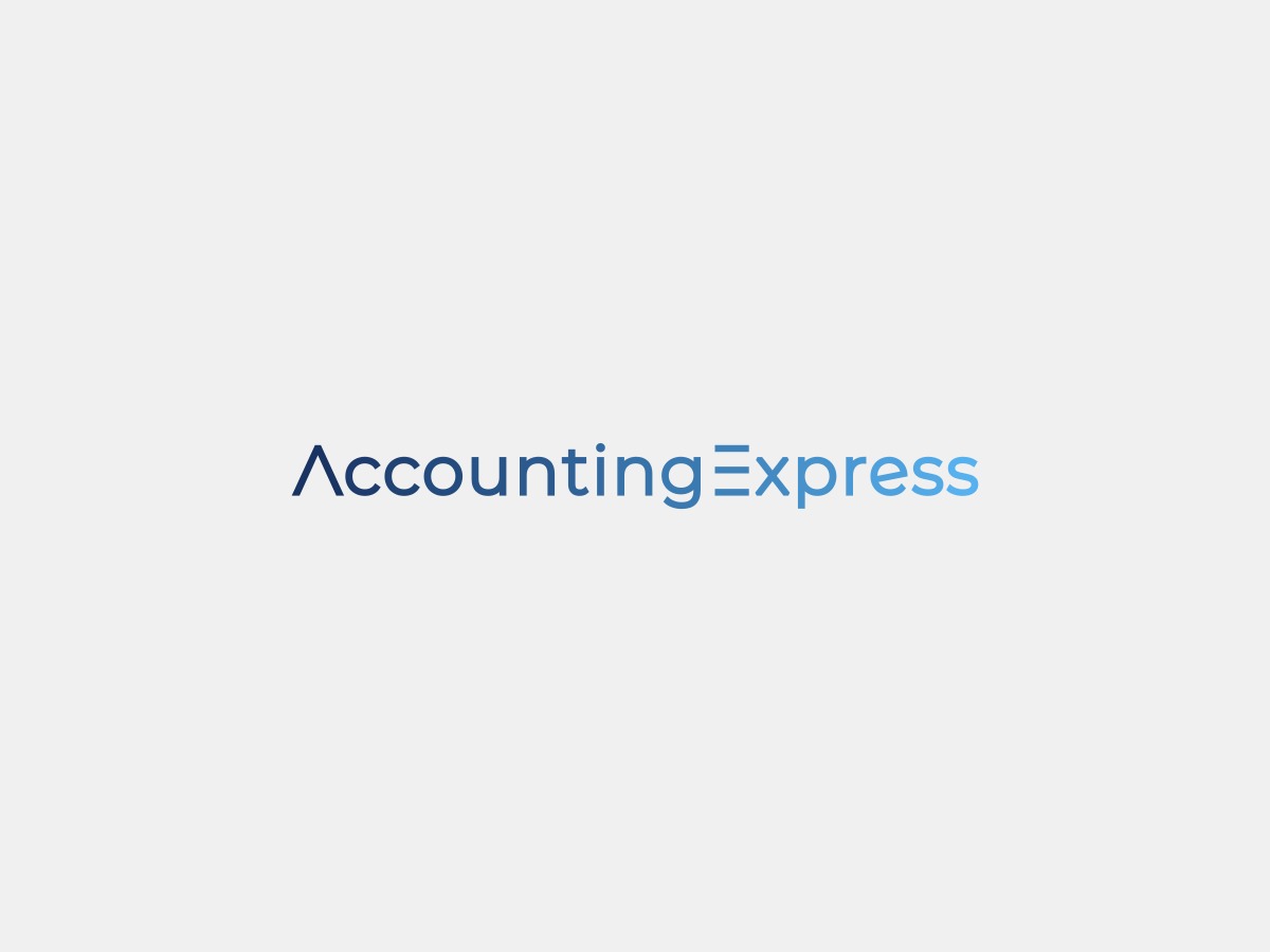 Logo firmy Accounting Express w odcieniach niebieskiego na jasnoszarym tle. Nazwa firmy zapisana nowoczesną czcionką, z symbolem równości jako elementem graficznym.