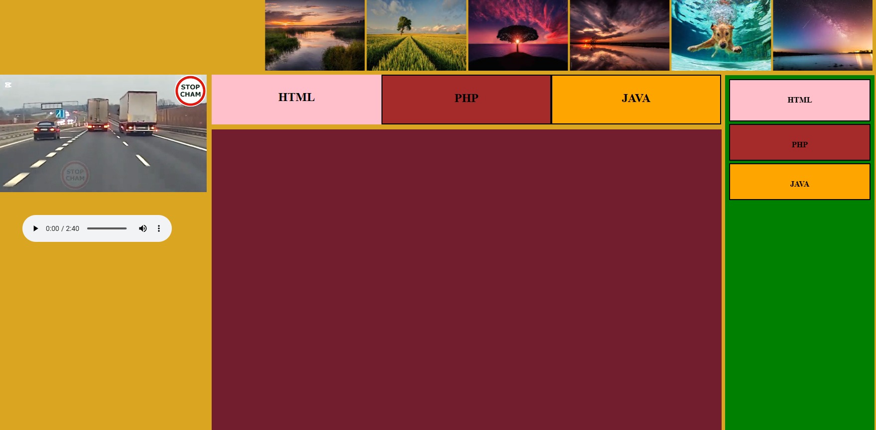 Strona internetowa z sekcjami HTML, PHP i Java oraz wideo z drogi. Kolorowe bloki i krajobrazy w miniaturach. Interfejs odtwarzacza wideo z symbolem 'Stop Cham'.