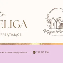 Wizytówka firmy sprzątającej: Edyta Szeliga, Usługi Sprzątające. Logo z mopem, środkami czystości. Kontakt: email i telefon.