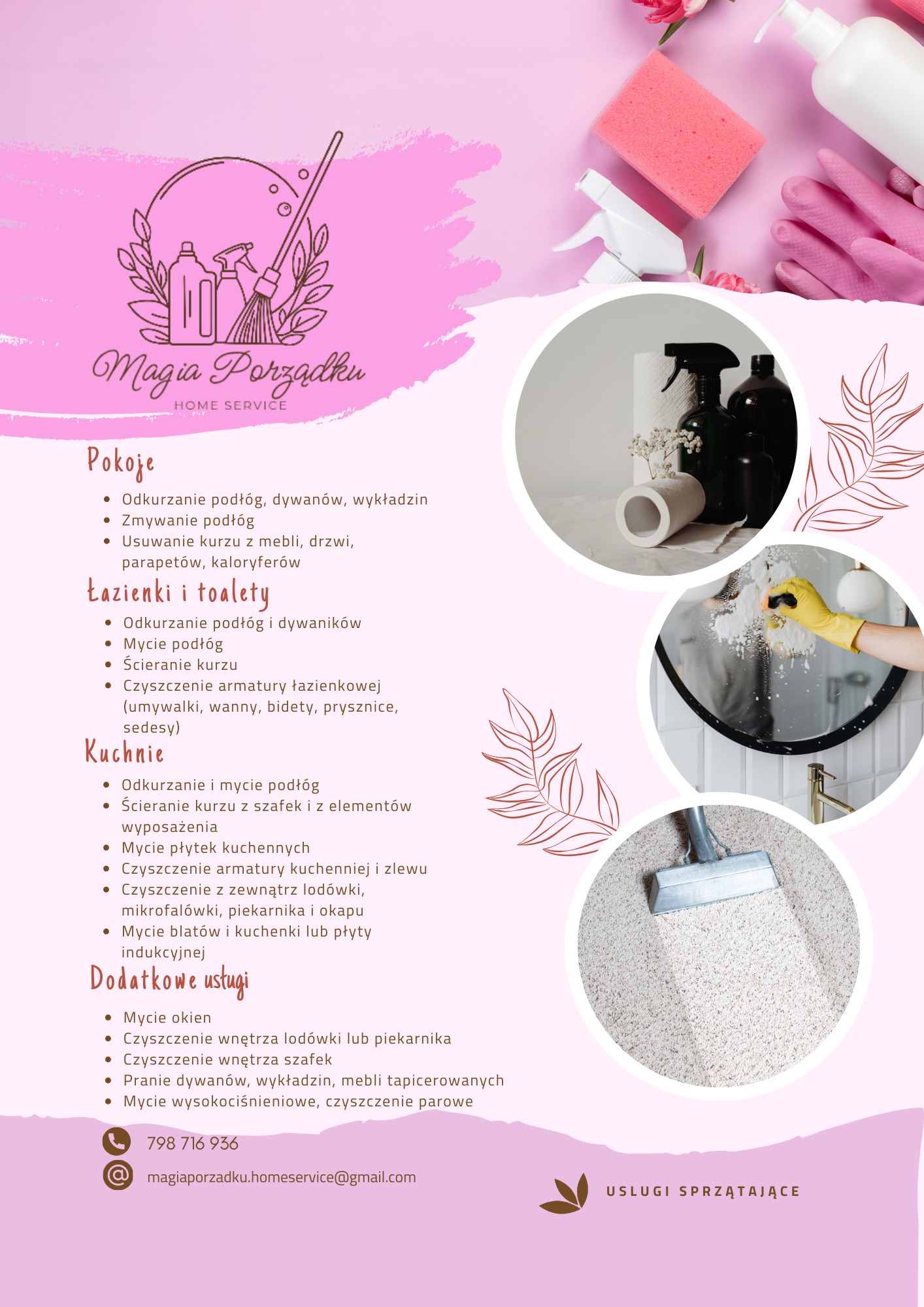 Usługi porządkowe w Głownie: środki czystości, gąbki, i mopy na tle grafiki z ofertą sprzątania domów, biur, prania dywanów i tapicerek. Czystość i porządek.