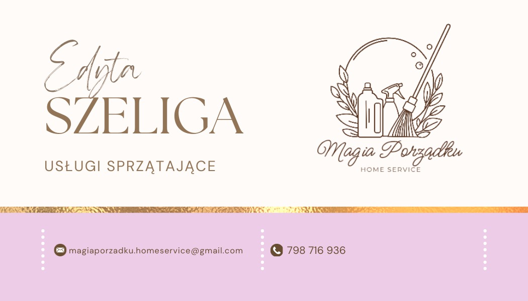 Wizytówka firmy sprzątającej: Edyta Szeliga, Usługi Sprzątające. Logo z mopem, środkami czystości. Kontakt: email i telefon.