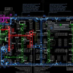 Rzut instalacji wentylacyjnej w sklepie odzieżowym, z oznaczeniami technicznymi i opisami urządzeń, w kolorach czerwonym, niebieskim i zielonym na białym tle.