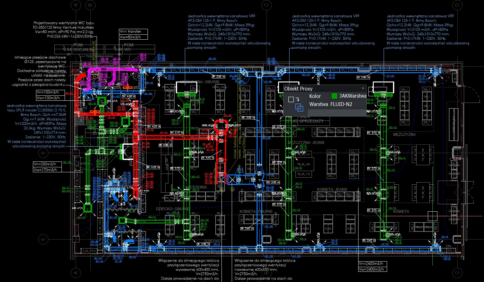 Rzut instalacji wentylacyjnej w sklepie odzieżowym, z oznaczeniami technicznymi i opisami urządzeń, w kolorach czerwonym, niebieskim i zielonym na białym tle.