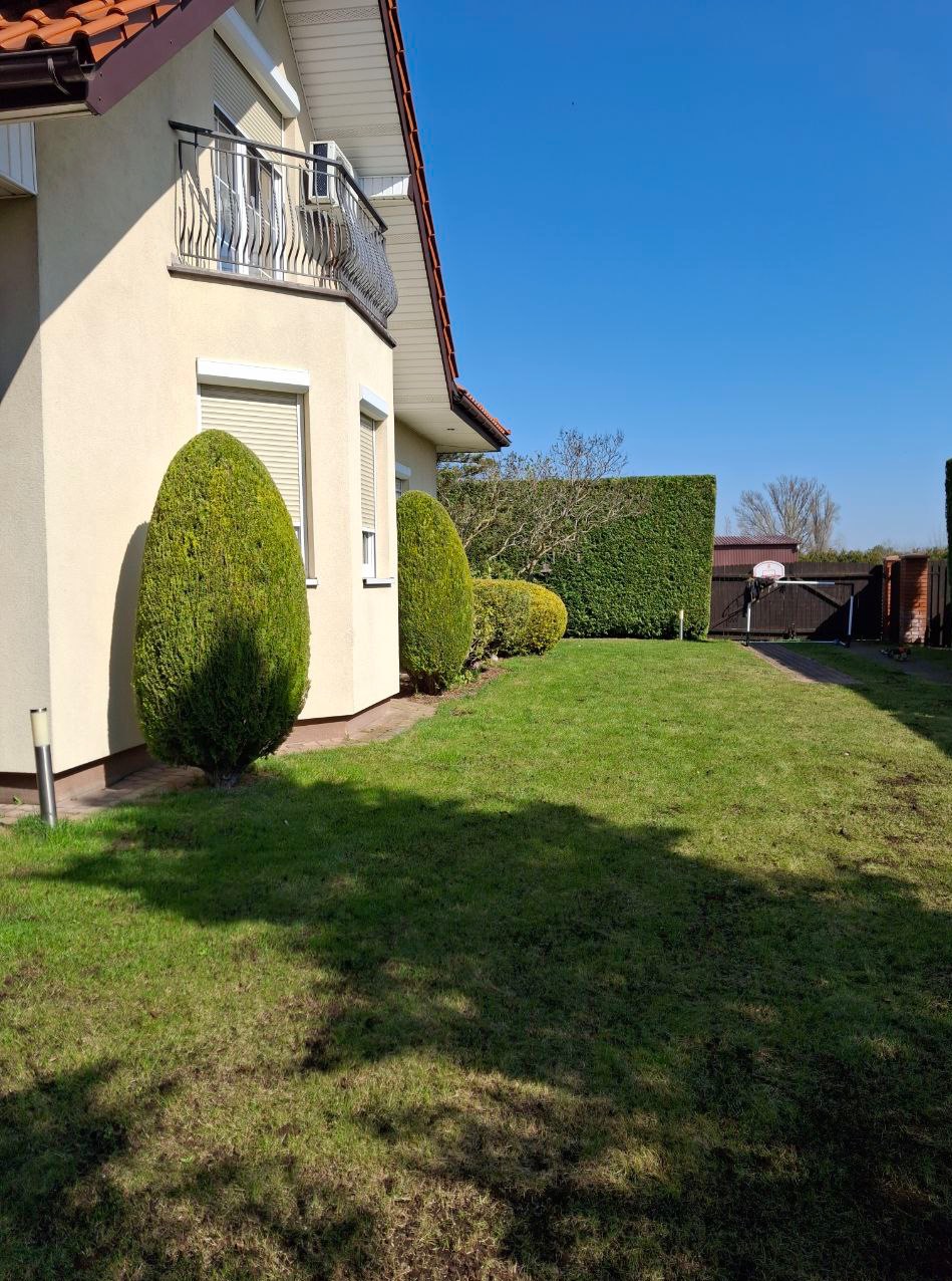 Zadbany trawnik przed domem z równo przyciętym żywopłotem i formowanymi krzewami. Widoczny fragment budynku z balkonem i roletami.