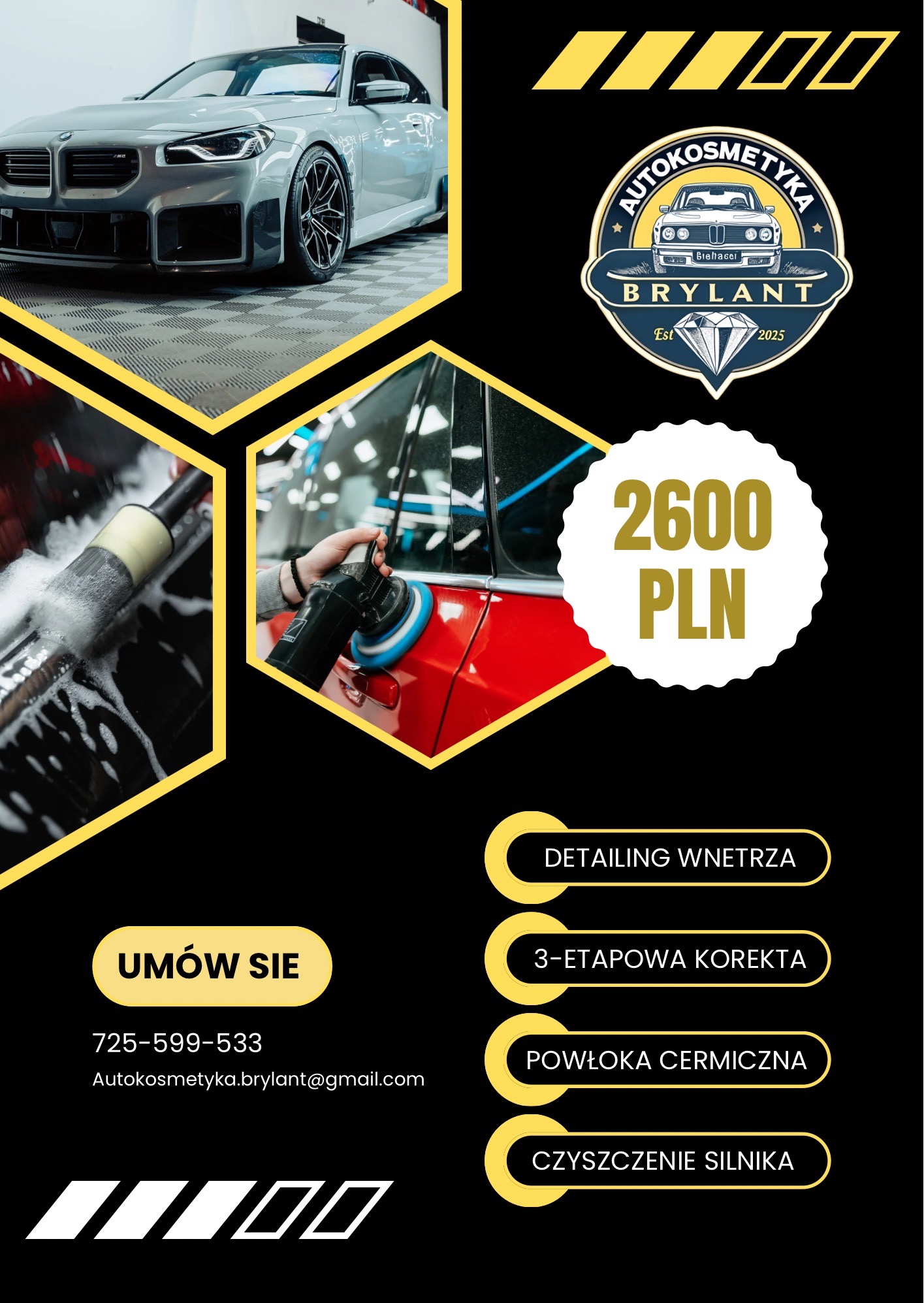 Grafika reklamowa: auto detailing. Polerowanie karoserii, czyszczenie wnętrza, powłoka ceramiczna, mycie silnika. Logo firmy, numer telefonu i adres e-mail.