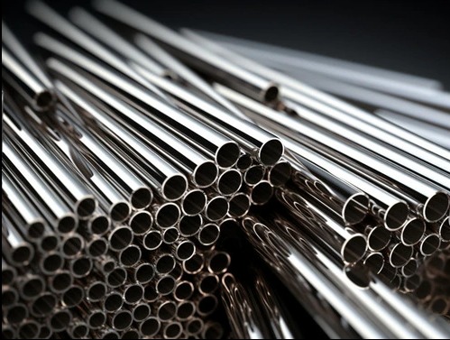 Stalowe rurki CNC o różnych średnicach, ułożone warstwami na ciemnym tle. Precyzyjne wykonanie, gładka powierzchnia z odbiciami światła.