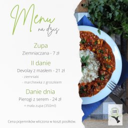 WOBS GRAFIKA - Menu dnia z zupą ziemniaczaną, devolayem i pierogami z serem, danie podane na talerzu obok menu, całość w estetycznej kompozycji.