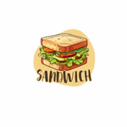 Ilustracja kanapki z warzywami i napisem 'SANDWICH' na beżowym tle. Grafika wektorowa w stylu cartoon, idealna do menu lub materiałów reklamowych.