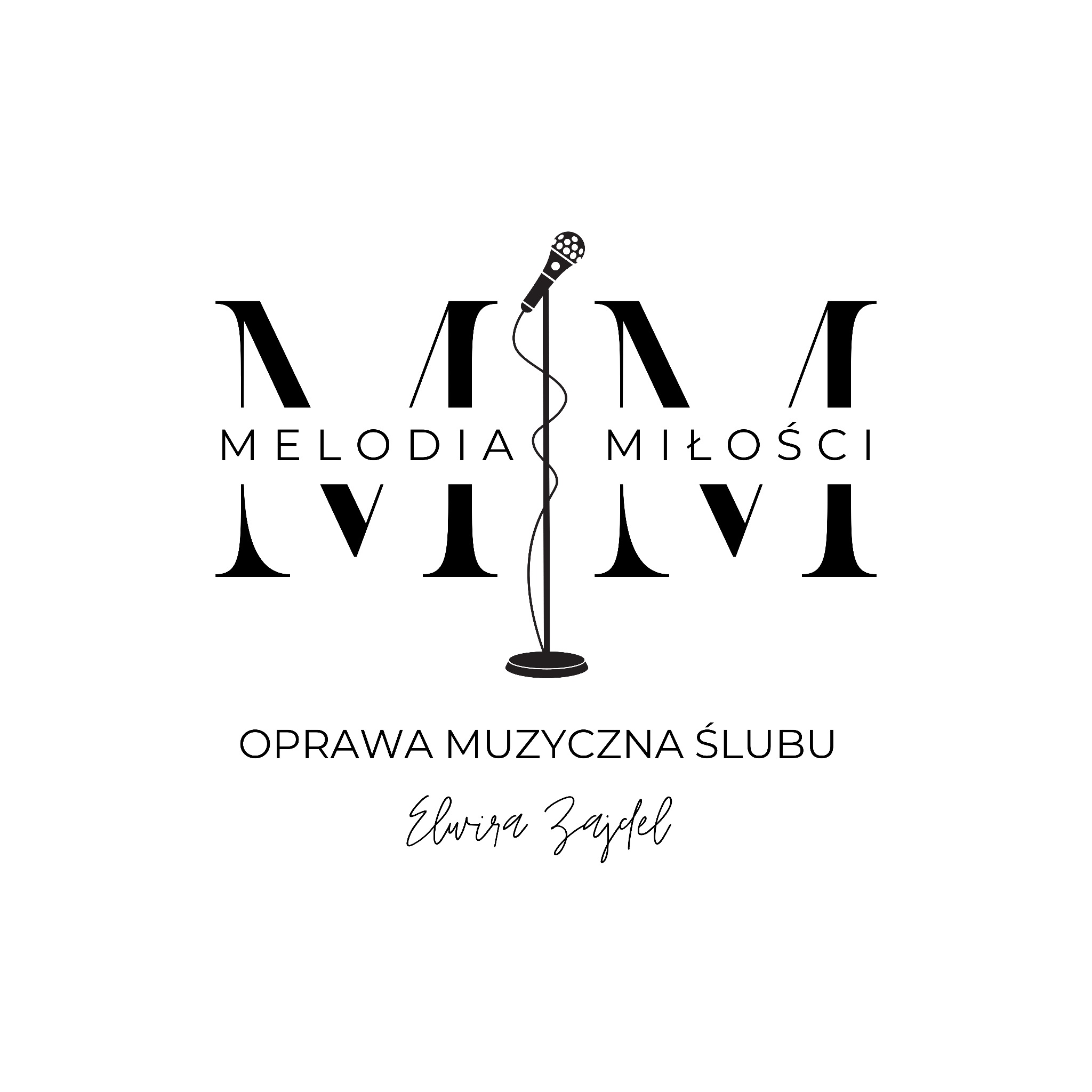 Logo 'Melodia Miłości' z mikrofonem, oprawa muzyczna ślubu Elwiry Zajdel z Sompolna. Minimalistyczny projekt, czarno-biała grafika.