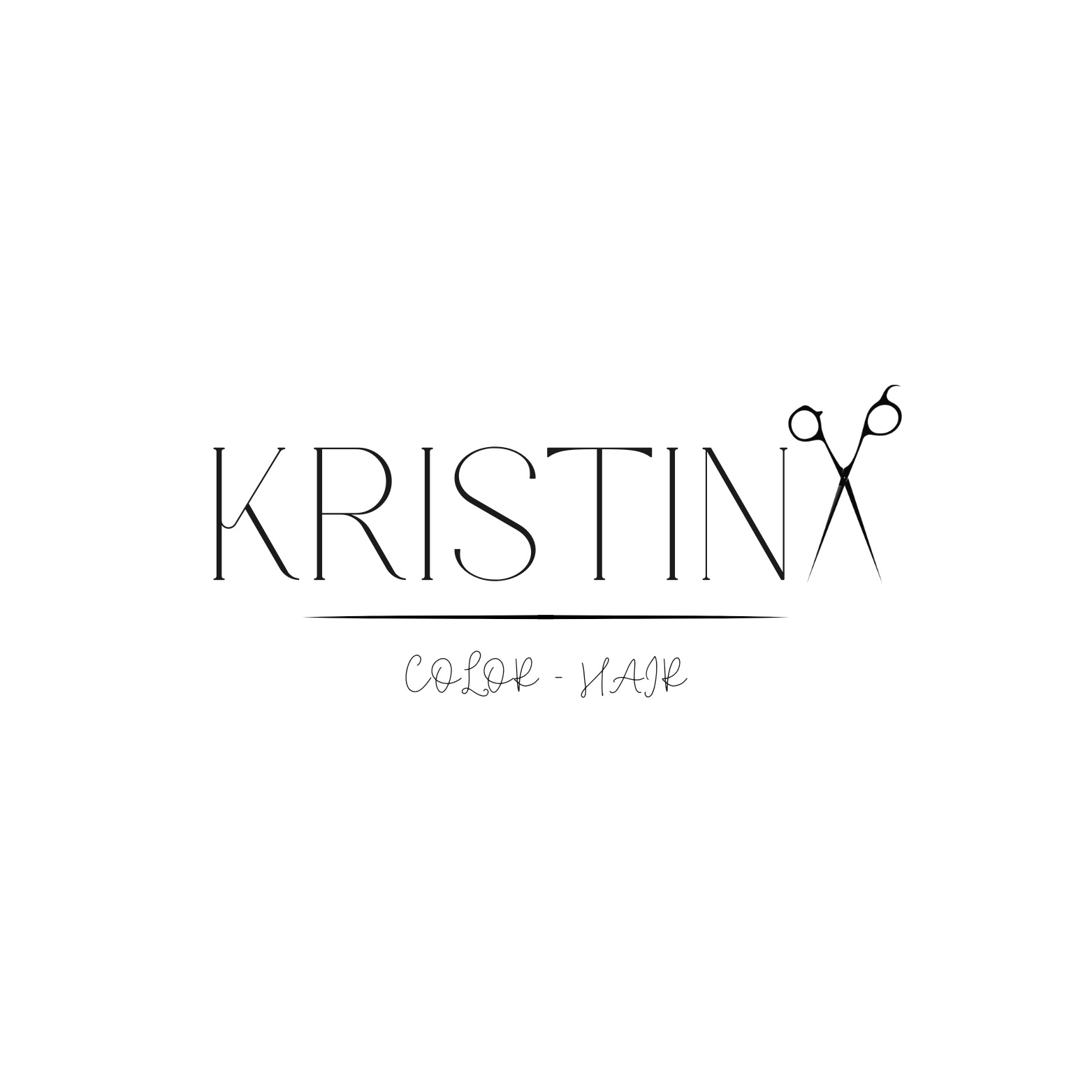 Minimalistyczne logo 'Kristinx Color-Hair' w czerni na bieli. Imię z nożyczkami zamiast litery 'X', pod spodem dopisek 'Color-Hair' odręcznym fontem.