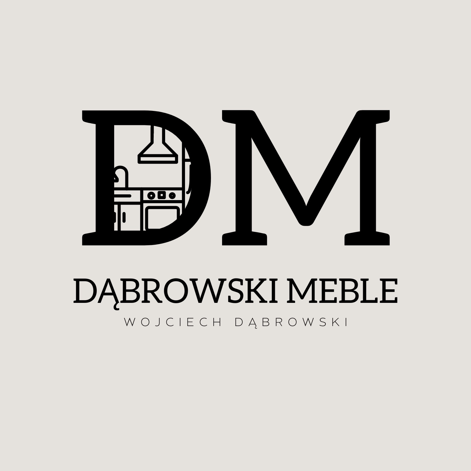 Minimalistyczne logo firmy meblowej Dąbrowski Meble z inicjałami DM, gdzie w literę D wkomponowano ikonę kuchni. Subtelna elegancja i nowoczesny design.