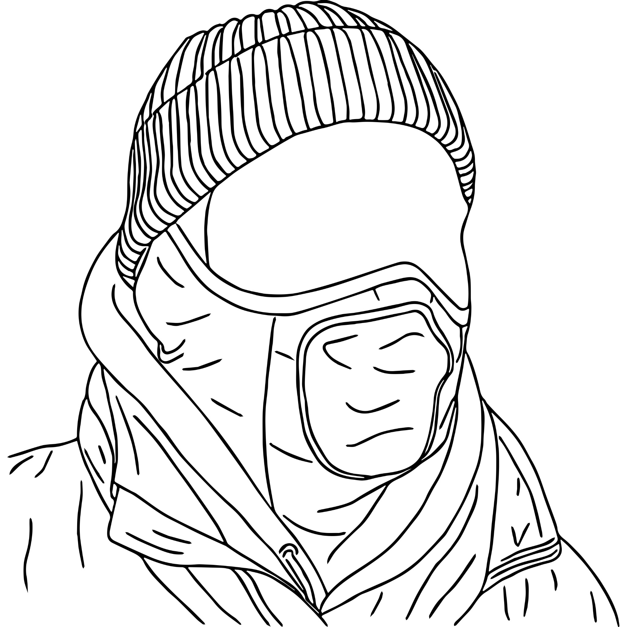 Czarno-biały lineart przedstawia osobę w czapce, masce narciarskiej i kurtce. Styl graficzny, prostota linii, brak wypełnienia.