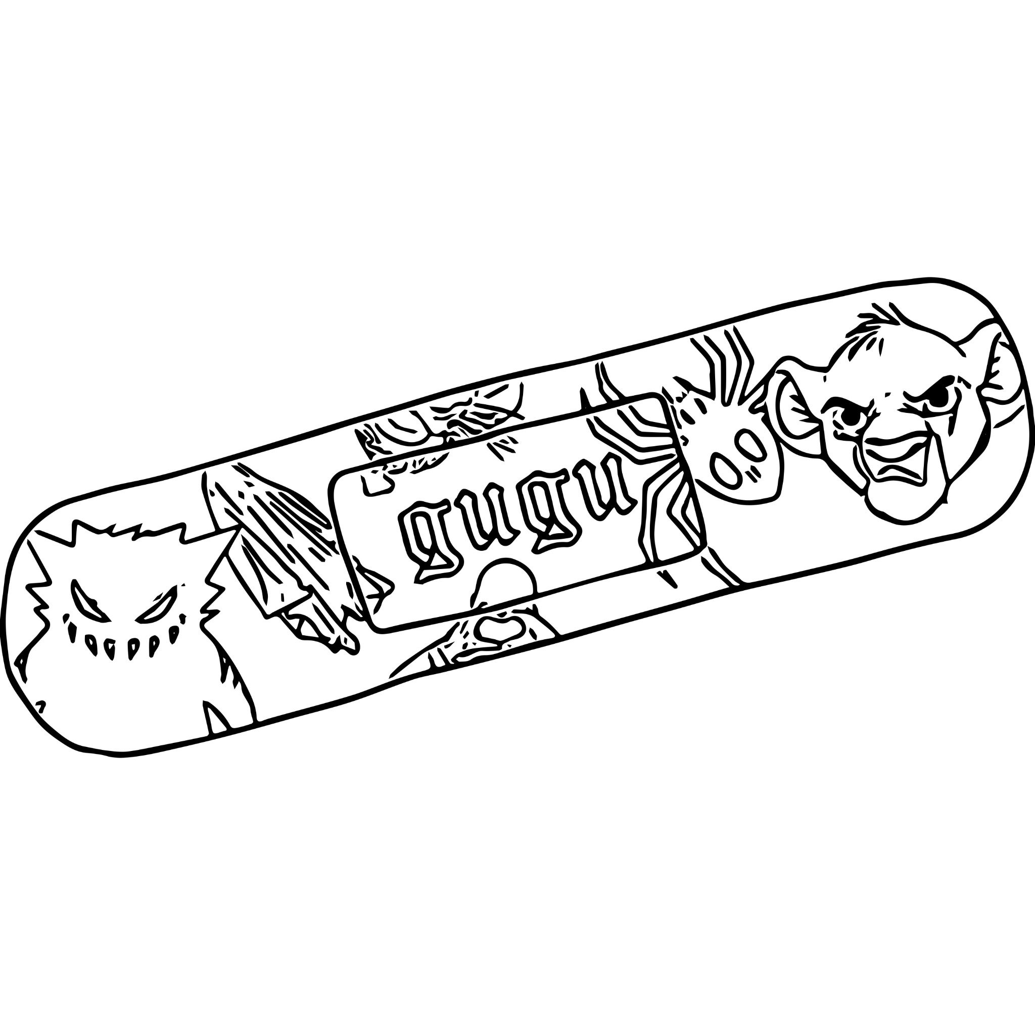 Czarno-biała grafika przedstawiająca plaster z postaciami z bajek i napisem 'gugu'. Plaster pod kątem, widoczne kontury postaci i liter.