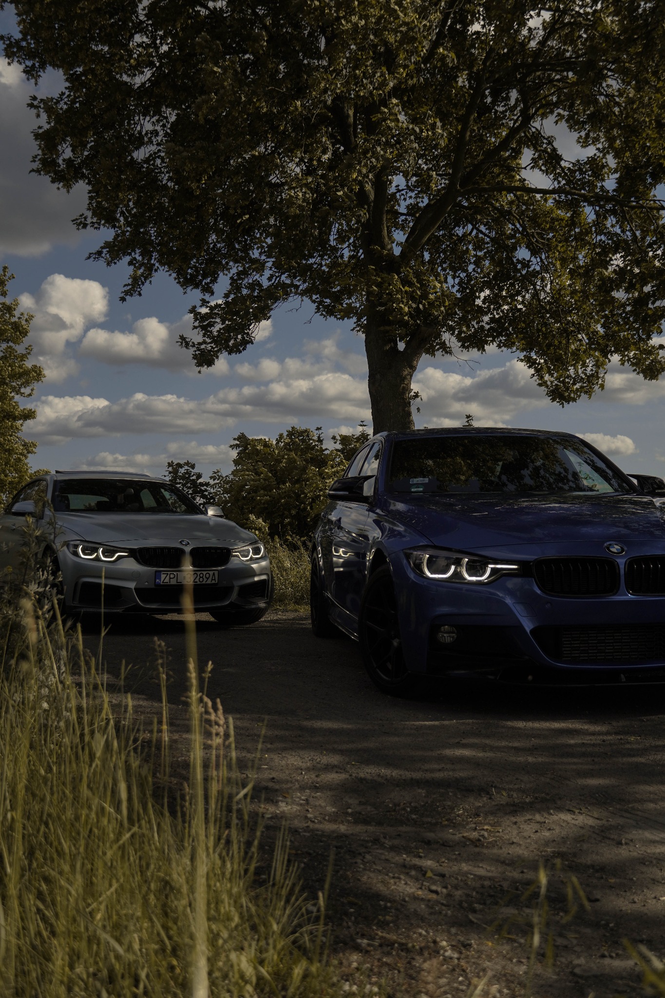 Dwa samochody BMW (srebrny i granatowy) zaparkowane na polnej drodze, z widoczną tablicą rejestracyjną jednego z nich i drzewem w tle, w pochmurny dzień.