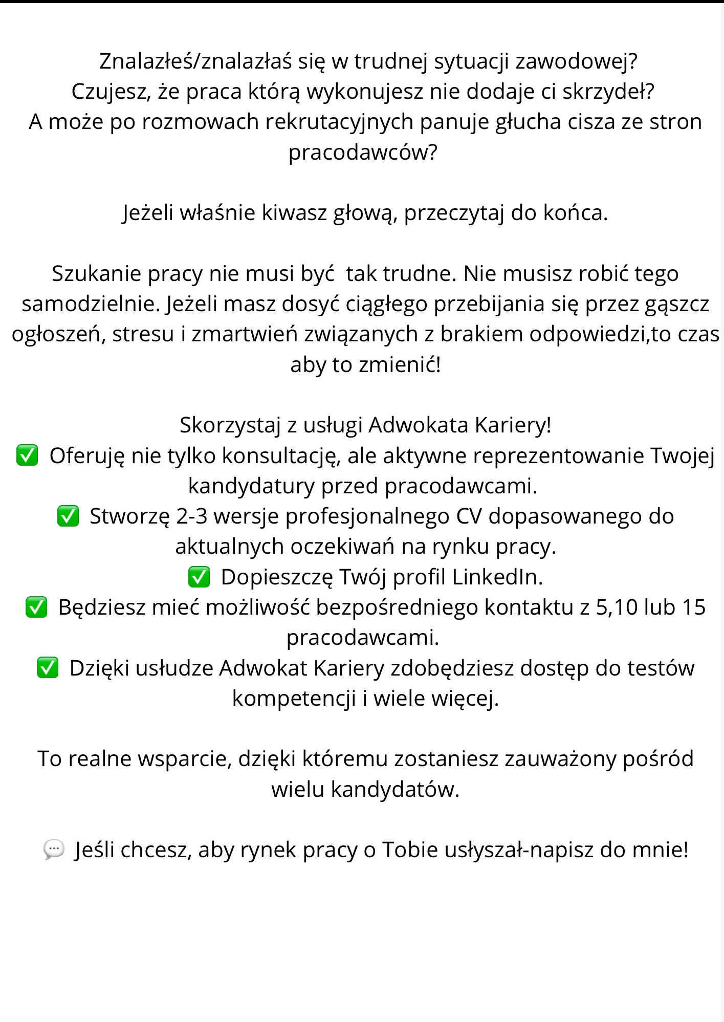 Tekstowy materiał reklamowy usługi 'Adwokat Kariery' z ofertą konsultacji, reprezentowania kandydata, tworzenia CV i dopieszczania profilu LinkedIn.