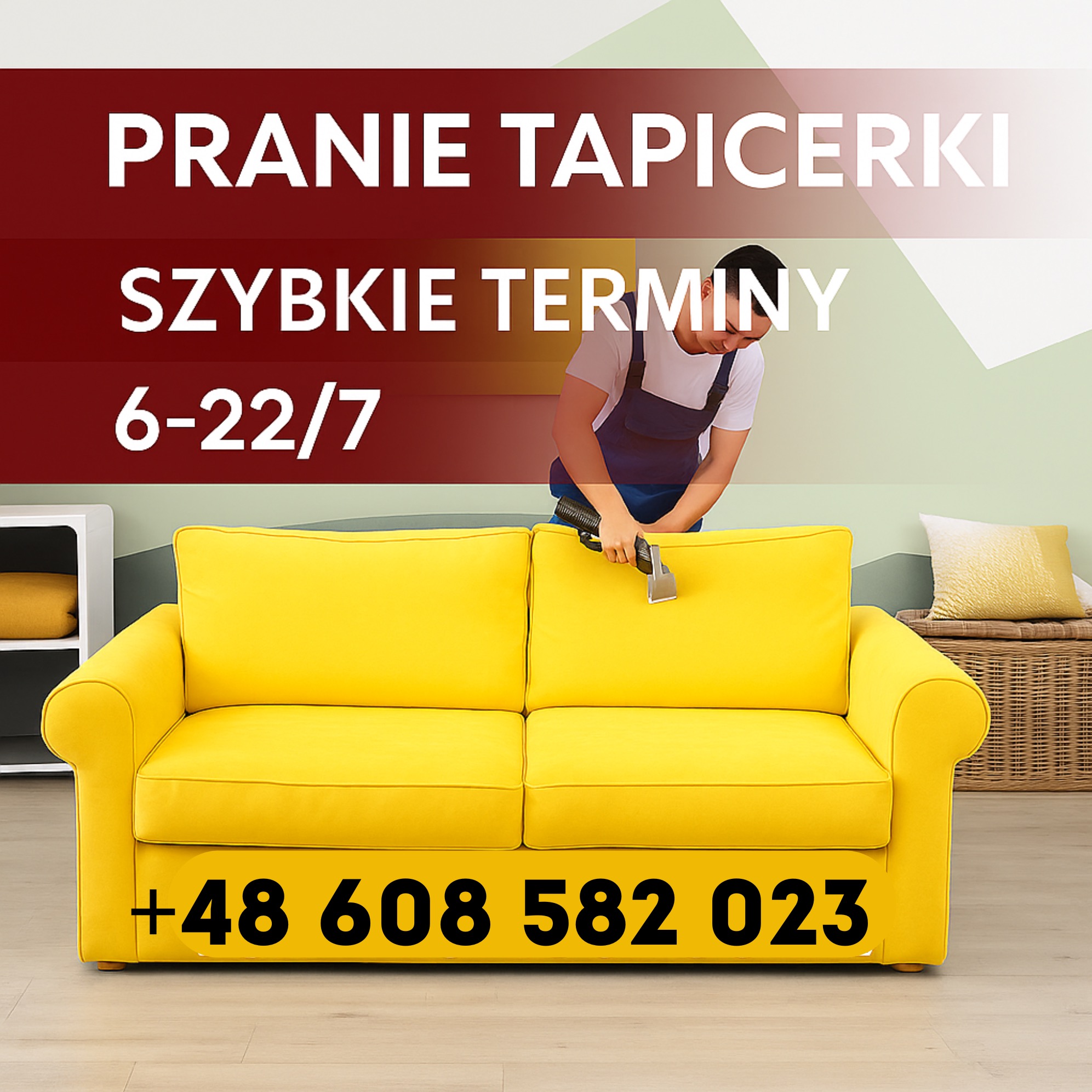 Żółta sofa czyszczona przez pracownika z użyciem specjalistycznego sprzętu. Promocja z numerem telefonu i terminami. Grafika.
