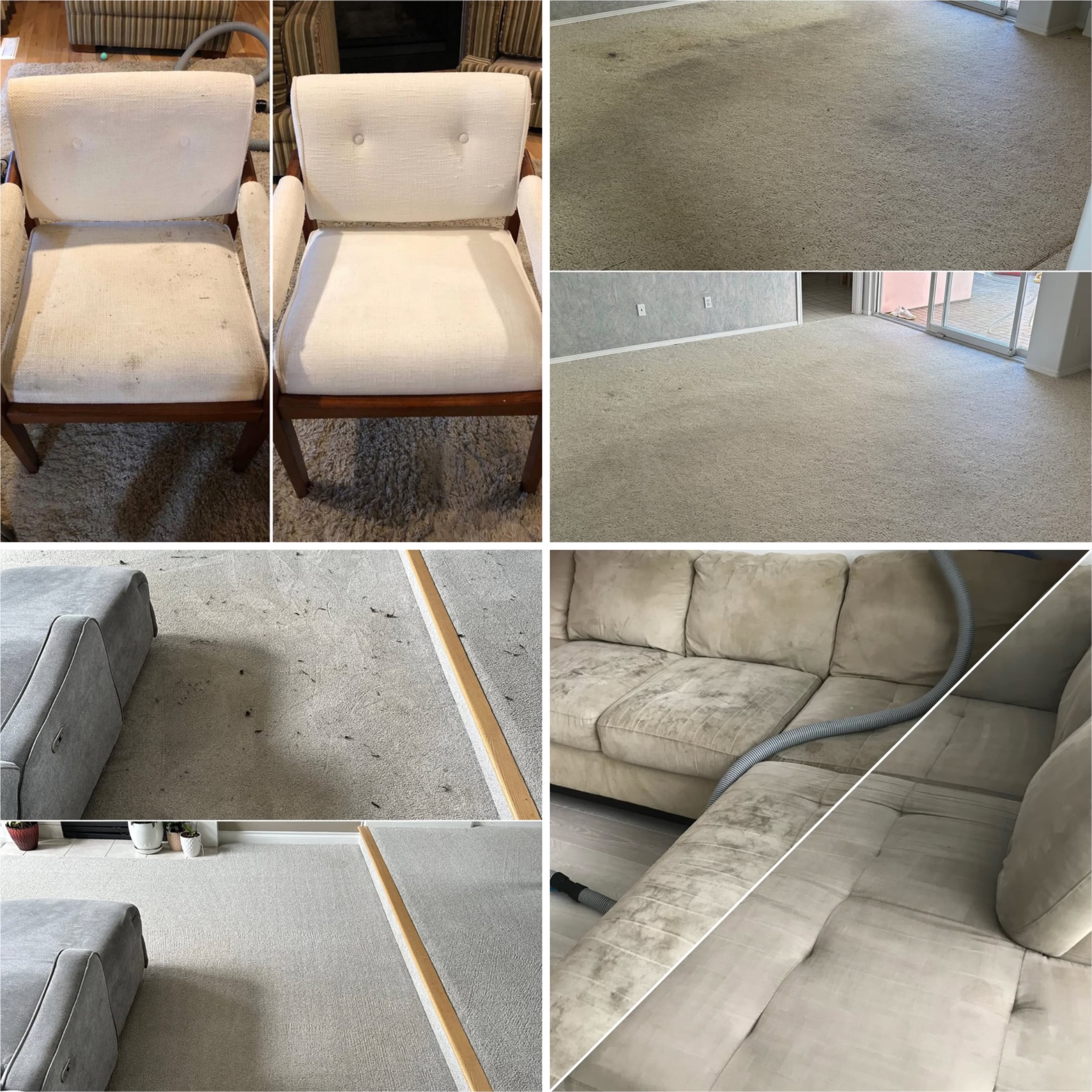 Kolaż zdjęć prezentujący efekty czyszczenia: krzesła, dywanu i sofy przed i po zabiegu. Widoczne różnice w czystości i odświeżeniu materiałów.