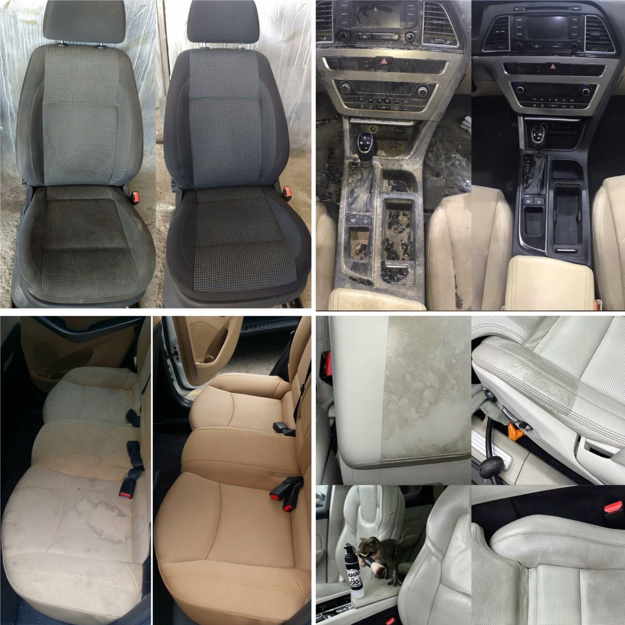 Tapicerka samochodowa przed i po czyszczeniu: fotele szare i beżowe, kokpit auta. Widoczne różnice w czystości i wyglądzie. Detailing wnętrza pojazdu.