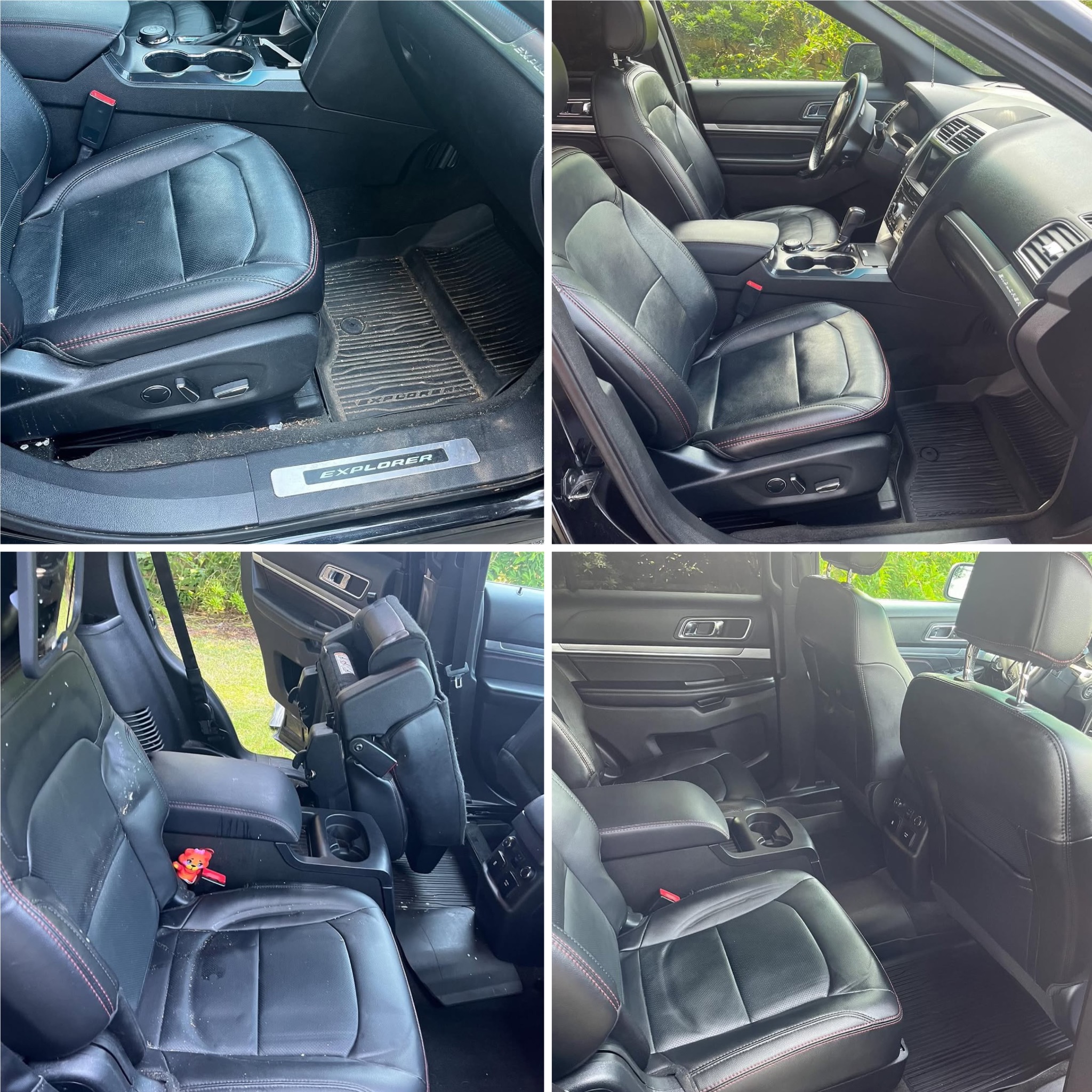 Czyszczenie wnętrza Ford Explorer w Krakowie. Widoczne skórzane fotele z czerwoną nicią, dywaniki i elementy deski rozdzielczej przed zabiegiem odświeżania.