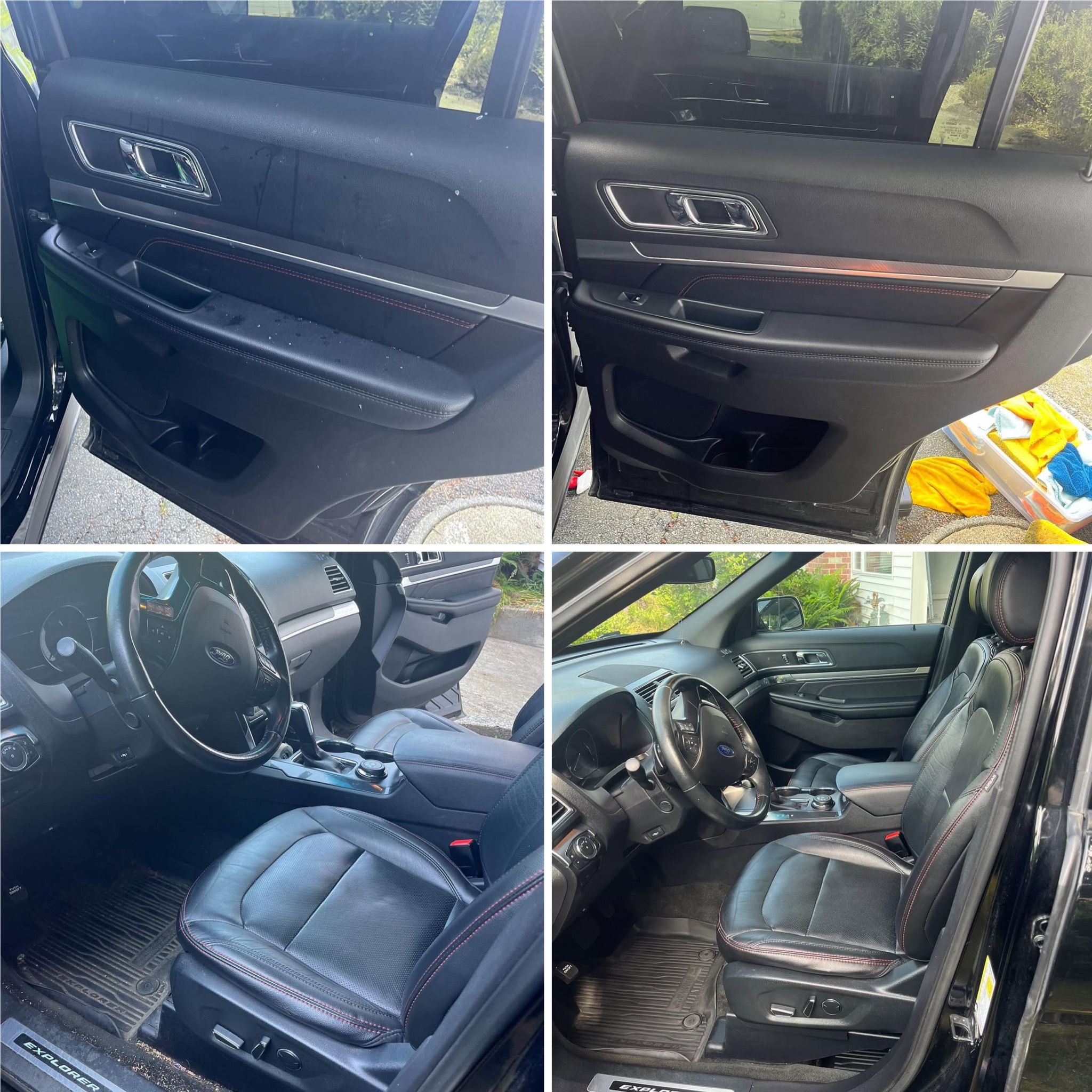 Czyszczenie wnętrza samochodu Ford Explorer: porównanie stanu przed i po, z naciskiem na detale tapicerki i drzwi. Widoczne efekty profesjonalnego prania.