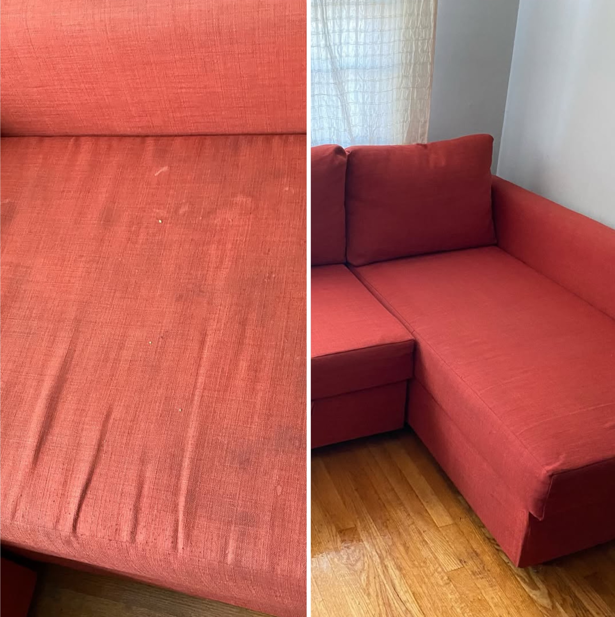 Czerwona kanapa narożna: po lewej stronie widoczne zabrudzenia, po prawej - czysta tapicerka po praniu, efekt 'przed i po'.