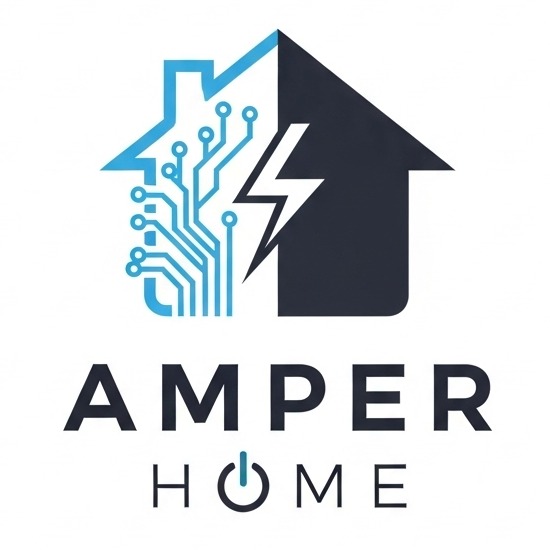 Logo firmy Amper Home: dom podzielony na część z obwodem elektrycznym i część z symbolem błyskawicy. Pod spodem napis 'AMPER HOME' z symbolem włącznika.