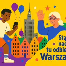 Ilustracja w żywych kolorach: postacie, budynki Warszawy (Pałac Kultury), balony, nuty. Napis: 'Stąd nadaję, tu odbieram Warszawa'. Grafika reklamowa w stylu retro.
