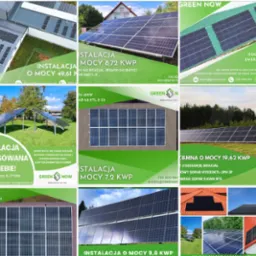 Zestawienie zdjęć instalacji fotowoltaicznych o różnej mocy, zrealizowanych na dachach i gruncie, prezentowanych przez firmę Green Now, z uwzględnieniem specyfikacji technicznych.