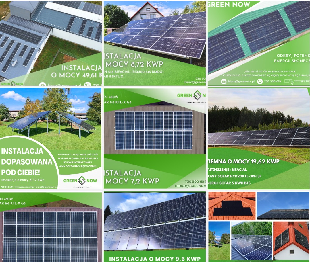 Zestawienie zdjęć instalacji fotowoltaicznych o różnej mocy, zrealizowanych na dachach i gruncie, prezentowanych przez firmę Green Now, z uwzględnieniem specyfikacji technicznych.