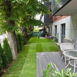 Plantacja Choinek - Świeżo skoszony trawnik z wyraźnymi pasami na tle nowoczesnego budynku z balkonami, obok drewniany taras z roślinami doniczkowymi i meblami ogrodowymi.