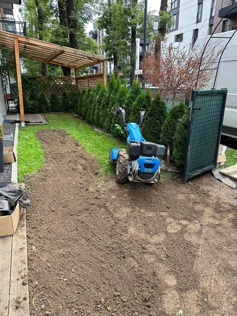 Przygotowany teren pod trawnik z widocznym glebogryzarką, obok rząd tuj i drewniana altana. Częściowo zniwelowany teren, gotowy do dalszych prac.