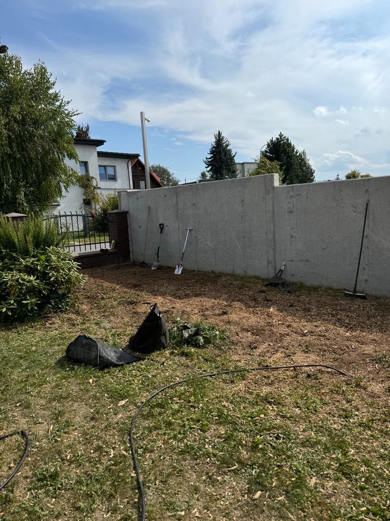 Teren po wycince drzew z narzędziami (łopaty, grabie) opartymi o betonowy mur. Na trawie leżą worki i resztki po wycince. Widoczne budynki w tle.