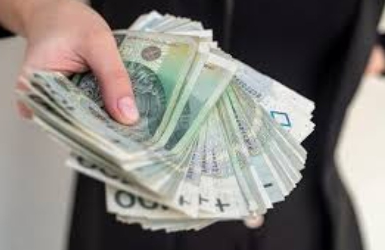 Dłoń trzymająca plik polskich banknotów o nominałach 100 i 200 zł na ciemnym tle, z widocznymi detalami zabezpieczeń i fakturą papieru.